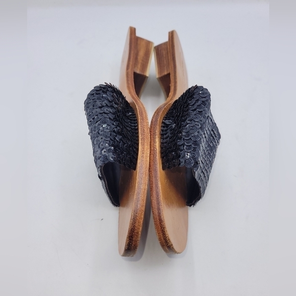 Mystique Black Sequined Leather Slides Sandals Block Heels Size 9 - Picture 8 of 16